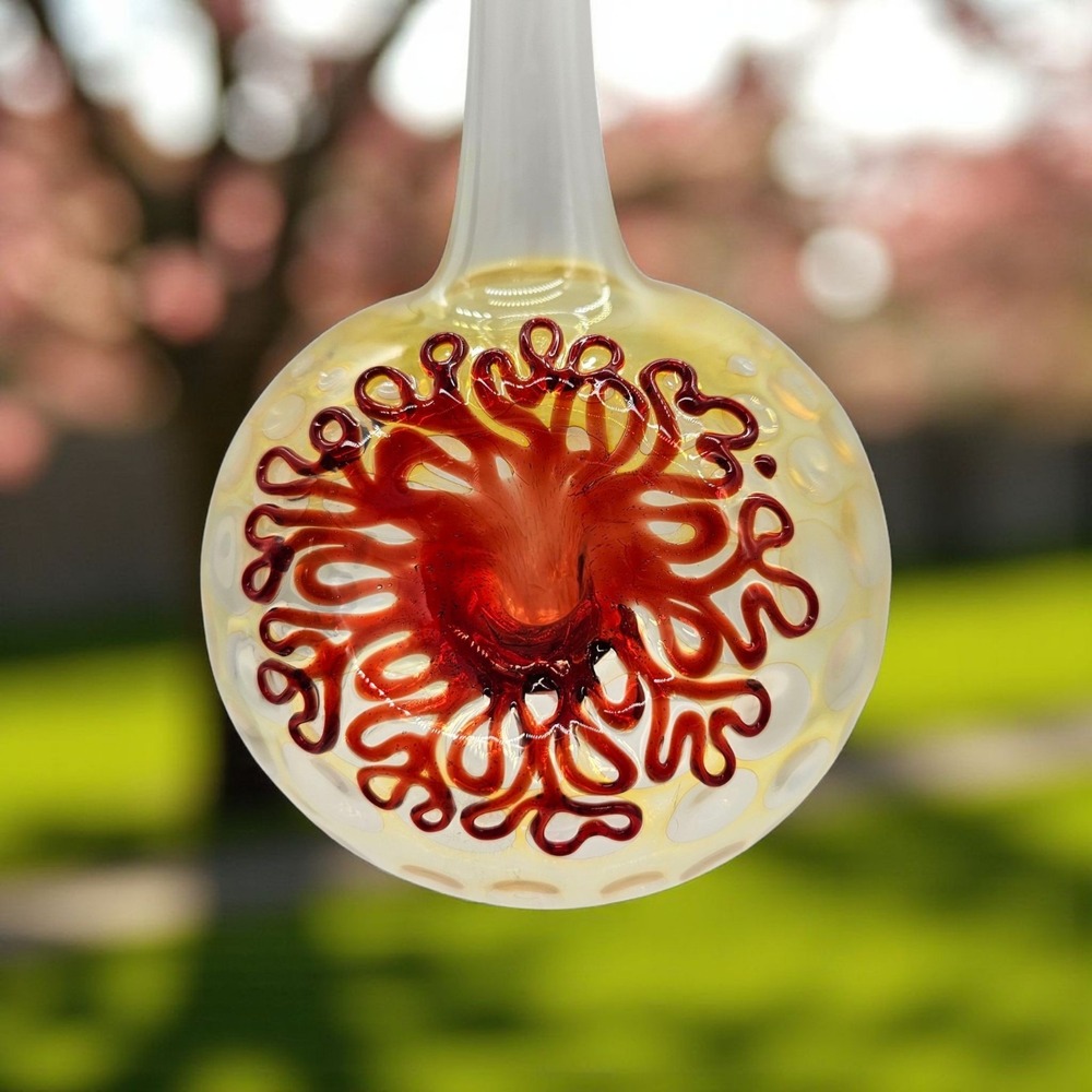 Handblown Glass Orb Ball Hummingbird Feeder Hanging Red Flower Indents Large